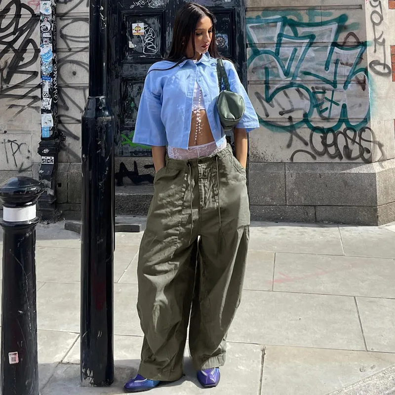 

New European and American street spice style tapered work pants, loose drawstring elastic waist and wide-leg casual trousers