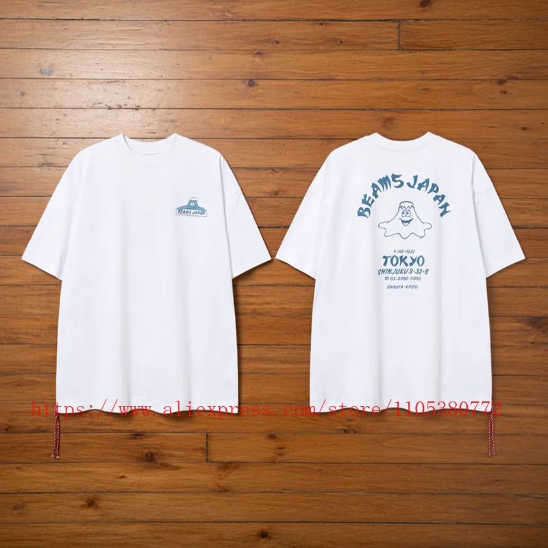 2026 Fashion New Men's Clothing Beams Cartoon Logo T-Shirt Drawstring Hem Oversized Sleeve Streetwear Top Fast Delivery