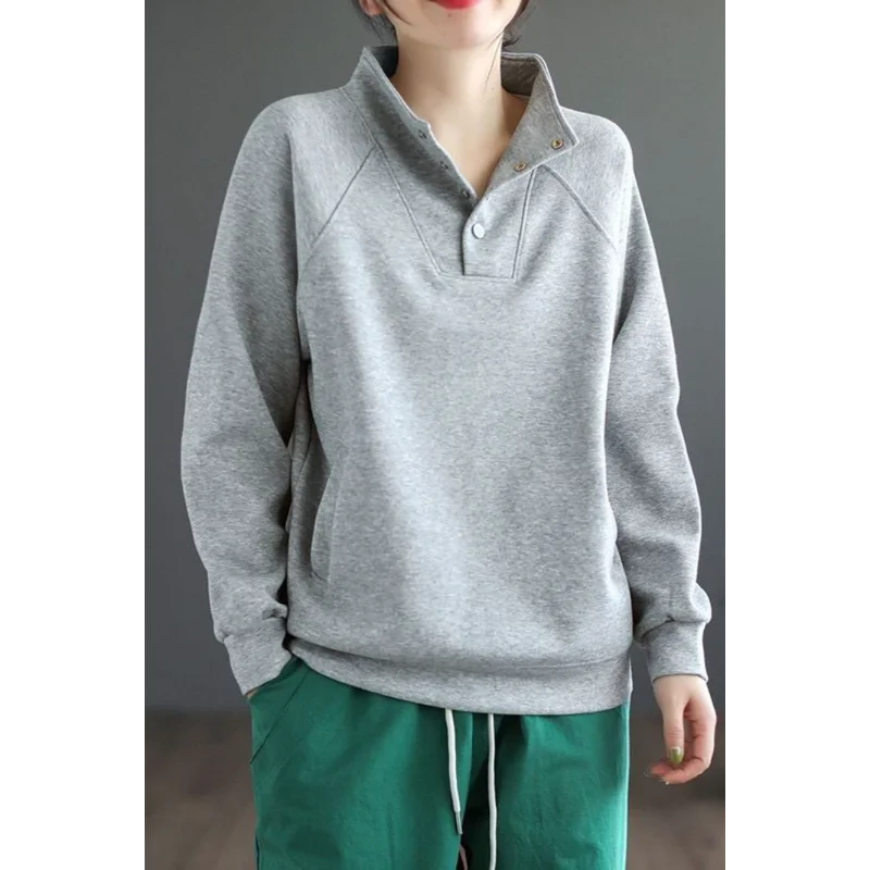 

Lapel Commuter Design Pullover Sweatshirt for Women 2025 Spring and Autumn New Style Loose Retro Slim Top