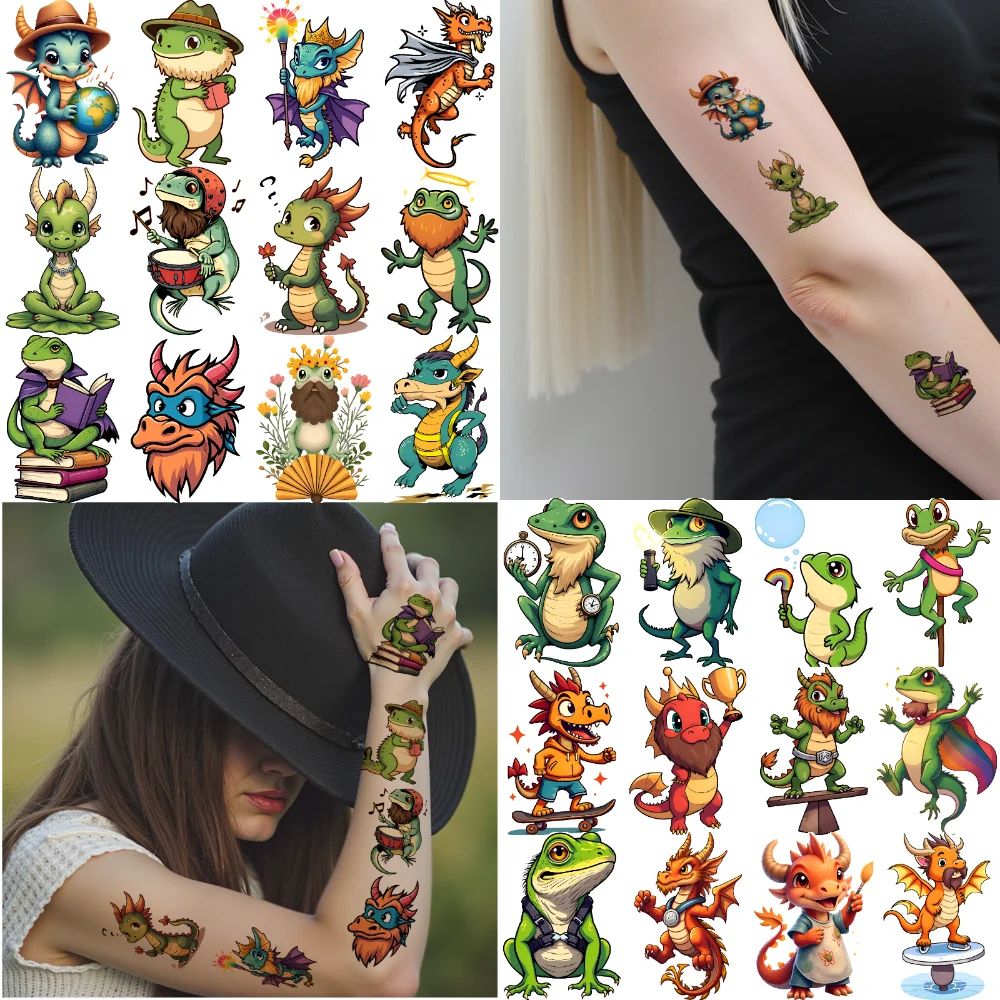 54pcs Temporary Tattoo Lizard Characters Waterproof Long-lasting Body Stickers Dragon Characters Cartoon For Shoulders Arms