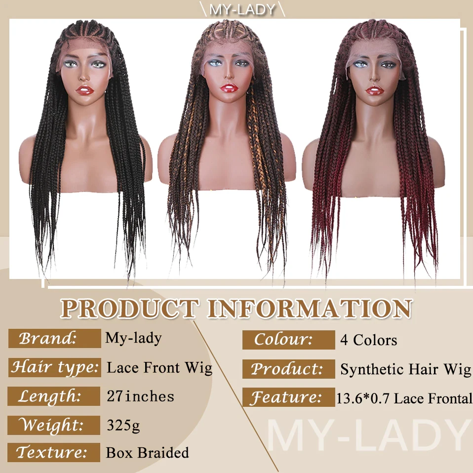 My-Lady Synthetic 27\'\' Braided Lace Front Wig Box Braids Wig For Black Women Straight Cornrow Braids Lace Wigs Frontal Afro Wigs