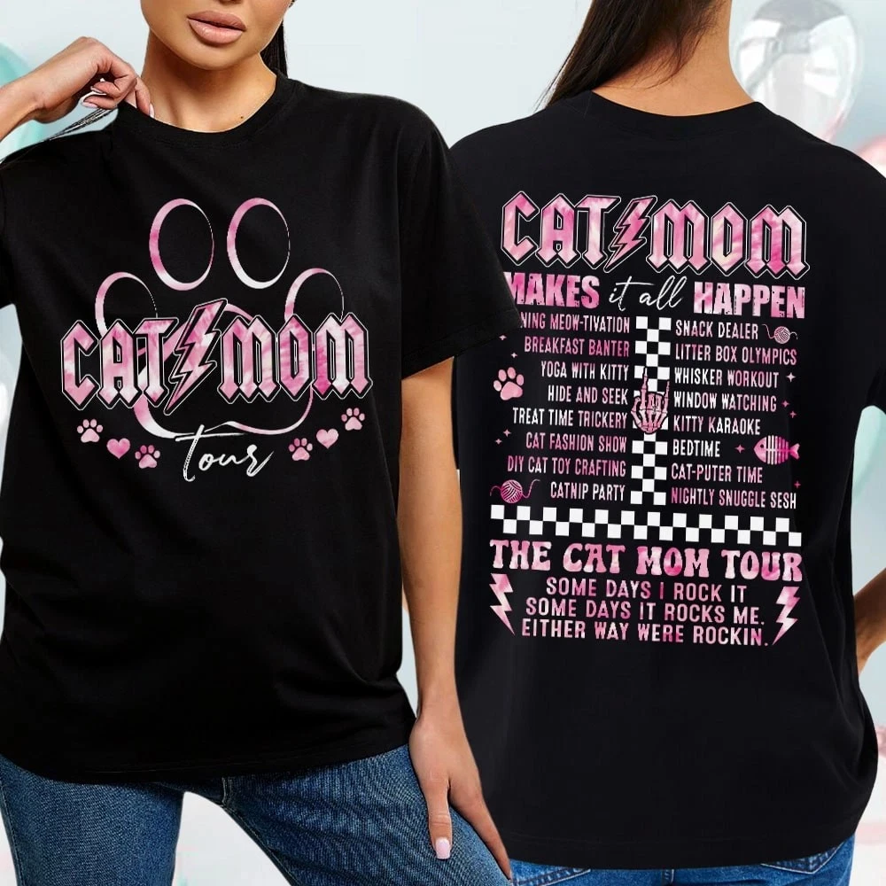 Cat Mom Tour Shirt Funny Cat Lover Gift Rock Style Pet Owner TeeVintage Tee Graphic Short Sleeve Women T-shirts for Unisex