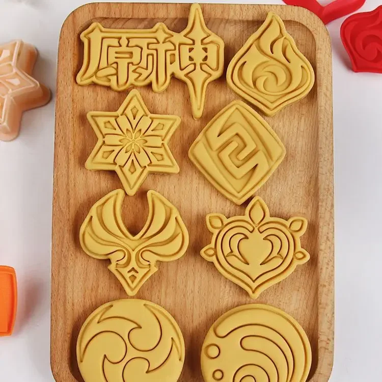 Genshin تأثير 7 عناصر كعكة أداة أنيمي قاطعة البسكوت عيد الميلاد القواطع البسكويت ختم فندان قالب الخبز السكر كرافت قوالب