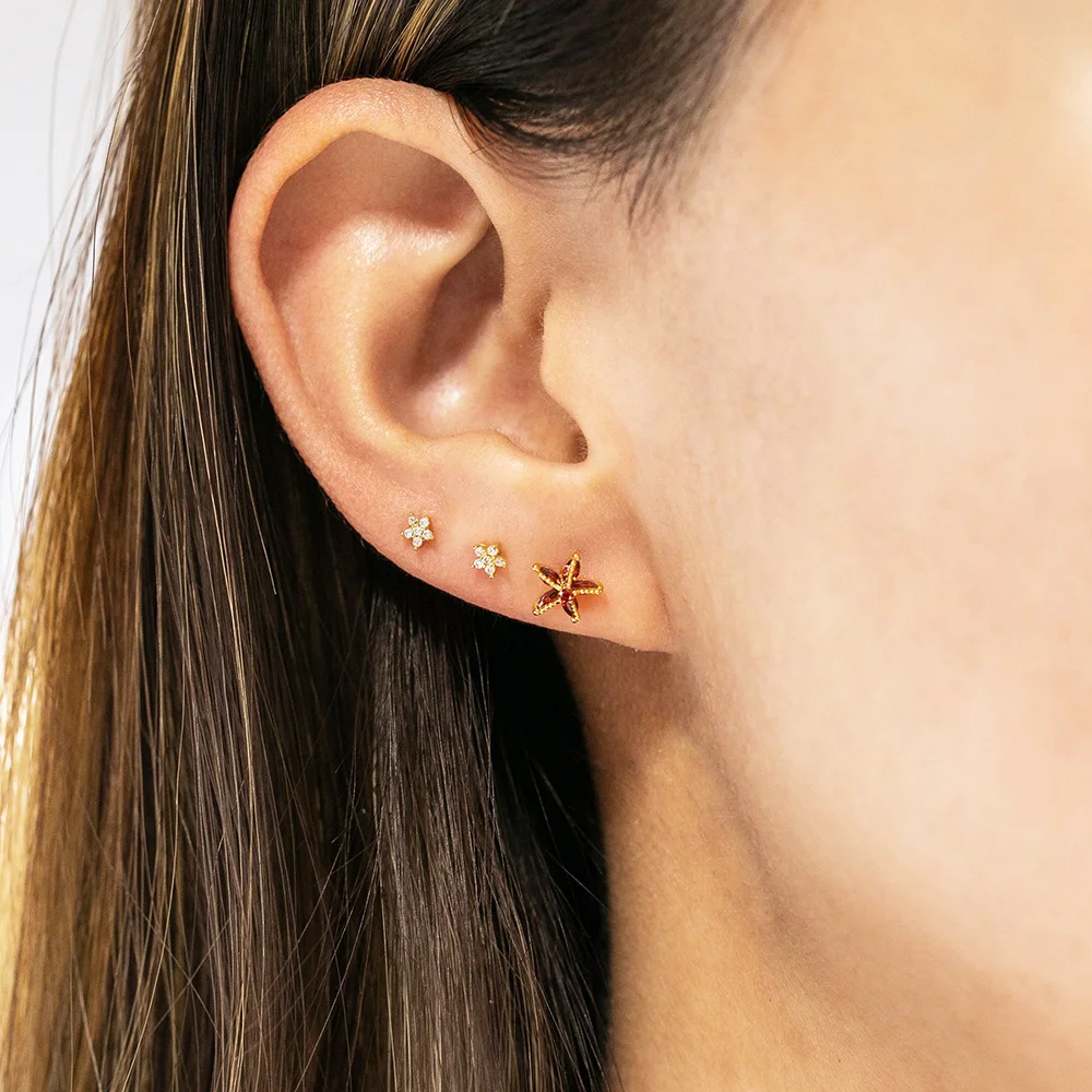2PCS Mini Ocean Series Animal Small Stud Earrings for Women Multicolor Zircon Marine Lobster Crab Ear Studs Piercing Jewelry