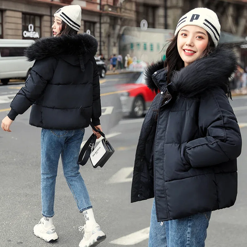 Ladies Winter 2022 New Fashion Large Fur Collar Hooded Thick Cotton Down Thick Winter Jacket Pure Color Simple Trend Parker Coat