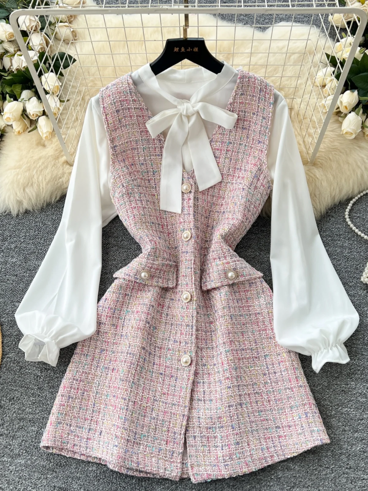 طقم نسائي مكون من قطعتين من Sweet Sle للخريف والشتاء طويل Sve irt No Sve Thiened من الصوف Dr تنورة عالية الخصر على شكل حرف a #1