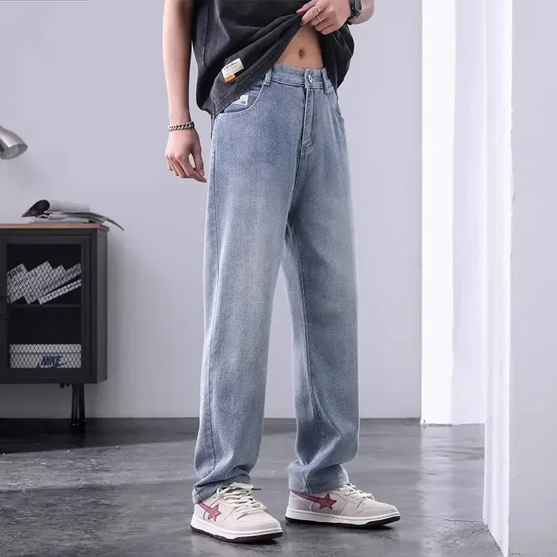 Trousers Straight Light Blue Male Cowboy Pants Work Wear Men's Jeans 2024 Korean Autumn Kpop Aesthetic Style Y2k Streetwear 90s