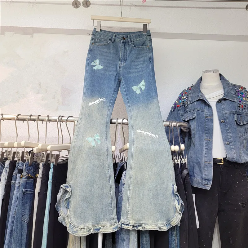 WTHT Fashion New Women's Do Old Gradient Butterfly Print Flare Jeans 2026 Spring High Waist Straight Denim Pants Female 1LS3030