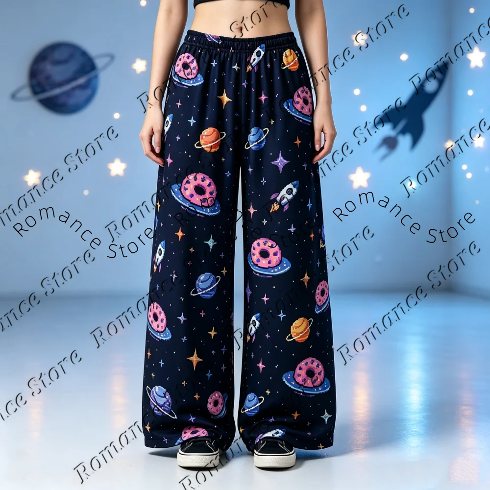 Unisex Cartoon Galaxy Space Pajama Pants Donut Planet Rocket Star Print Milk Silk Comfort Casual Homewear Lounge Sleep Trousers