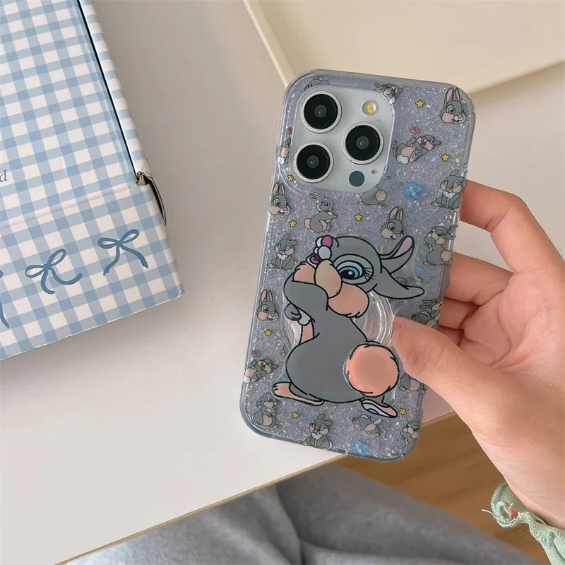 Capa de telefone de coelho fofo roxo transparente rosa brilhante com o mesmo suporte de telefone de coelho para iPhone 11 12 13 14 15 16 pro max