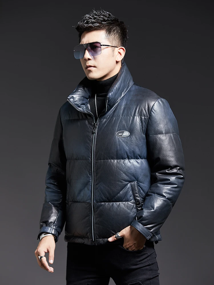 Echt leder kurze Daunen jacken für Männer Stehkragen dicke weiße Gänse daunen natürliche Rindsleder Motorrad Puffer Jacke Trend