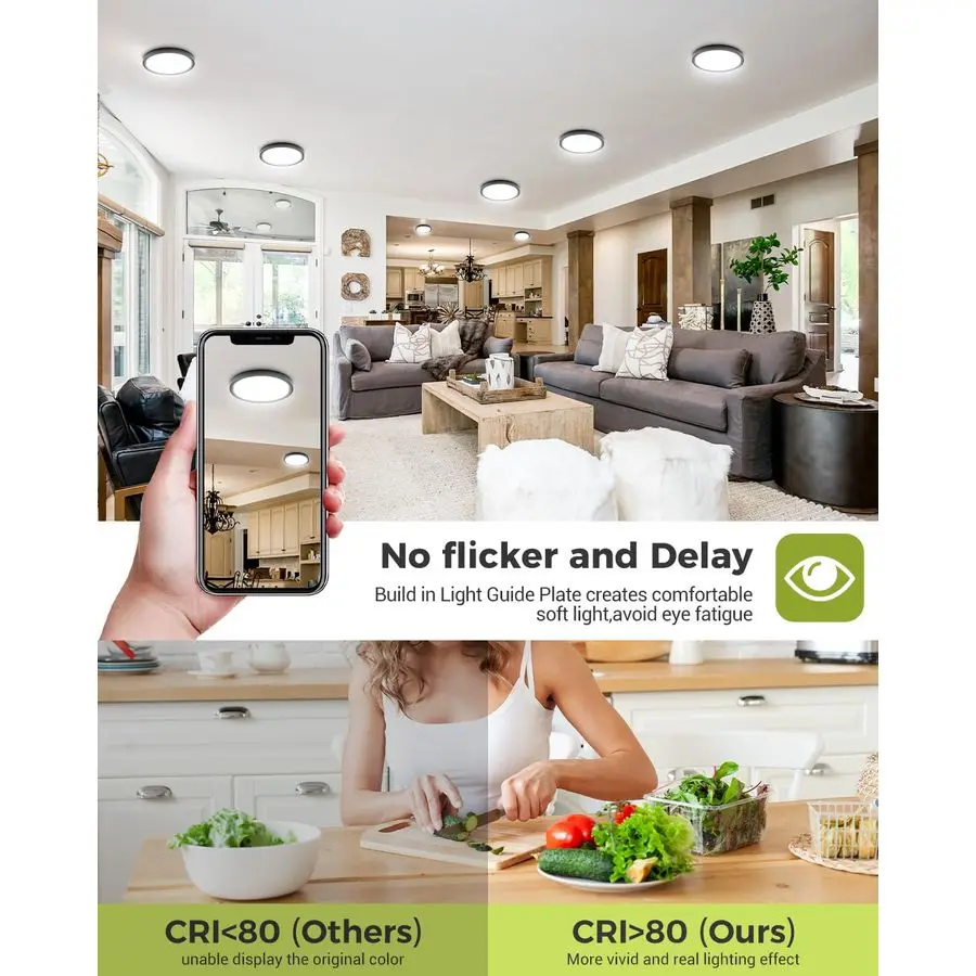 6PACK LED Flush Mount Ceiling Light, 3CCT Selectable 3000K4000K6500K 100W Equivalent Modern Kitchen Ceiling Light Fixture 15W 1