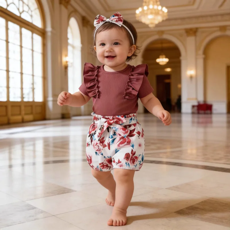 

Windproof baby romper with ribbed design Rose print shorts Bow hairband three-piece set Baby girl summer clothes
