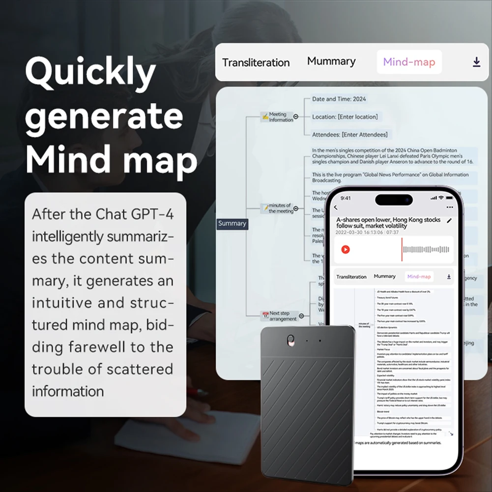 مسجل صوت AI ترجمة الترجمة جهاز تسجيل رقمي تطبيق التحكم ملاحظة مسجل صوتي لمكالمات اجتماعات المحاضرات