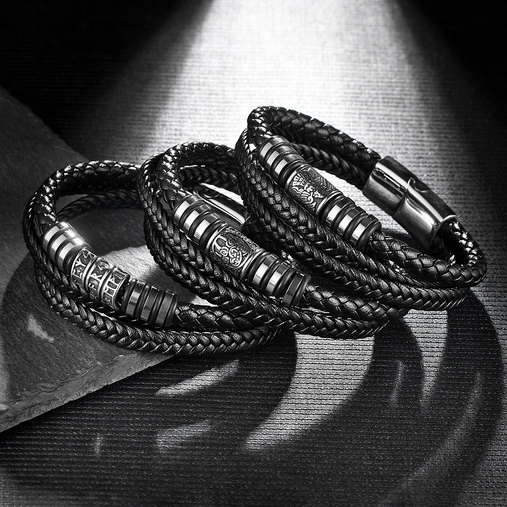 Vintage Vikings Celtic Knot Beads Bracelet For Men Women Stainless Steel Black Braided Leather Rope Chain Wristband Jewelry Gift view 2