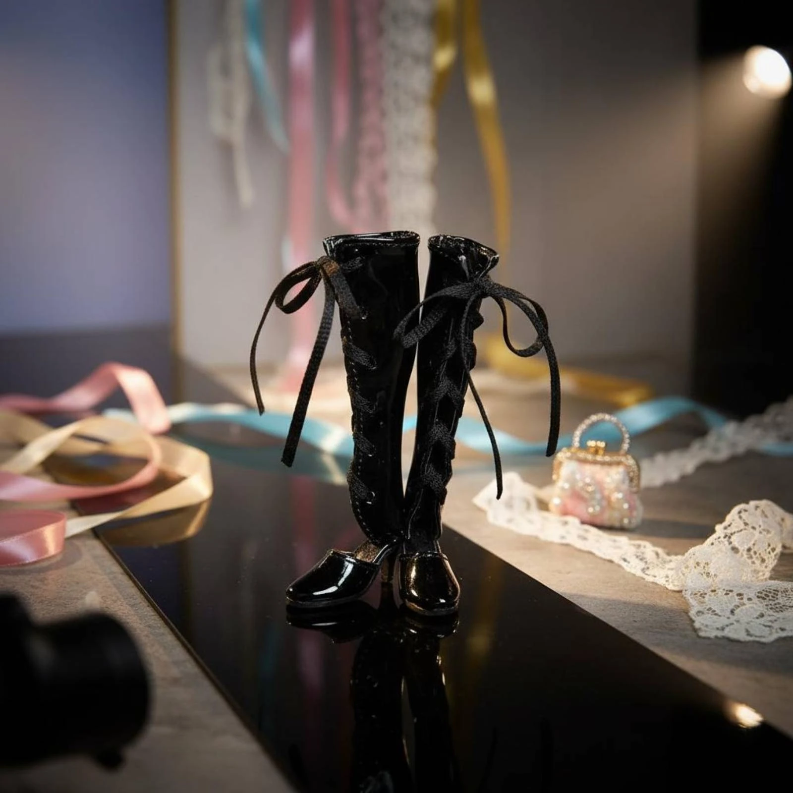 Black Lace-up Doll Boots Fine Workmanship PU Leather Doll Boots