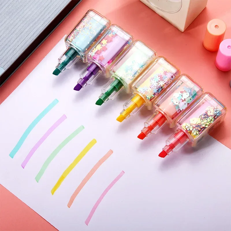 Surligneurs en forme de vernis à ongles de dessin animé mignon, école, papeterie de bureau, étudiants, fournitures de dessin, Kawaii, mini stylo marqueur de peinture, 6 pièces