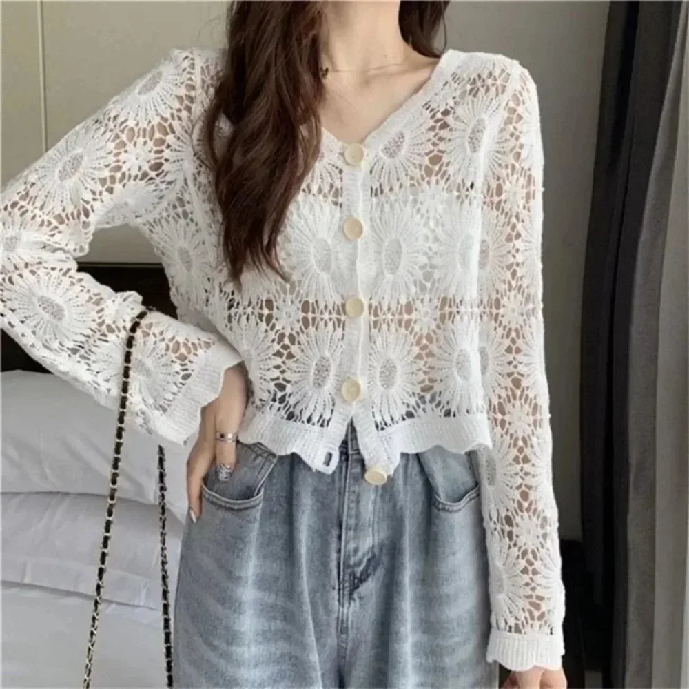 Thin Ethnic Style Embroidery Cardigan Harajuku Hollowed Out Coat Women Clothing Basic Jacket Fashion Streetwear Clothes Casual