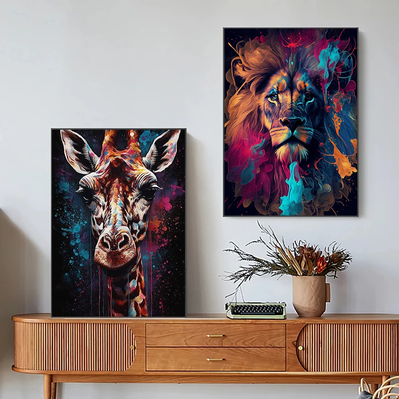 Colourful Wildlife Poster Jaguar Lion Zebra Rhino Giraffe Canvas Painting Splatter Wall Art Picture for Living Room Home Decor