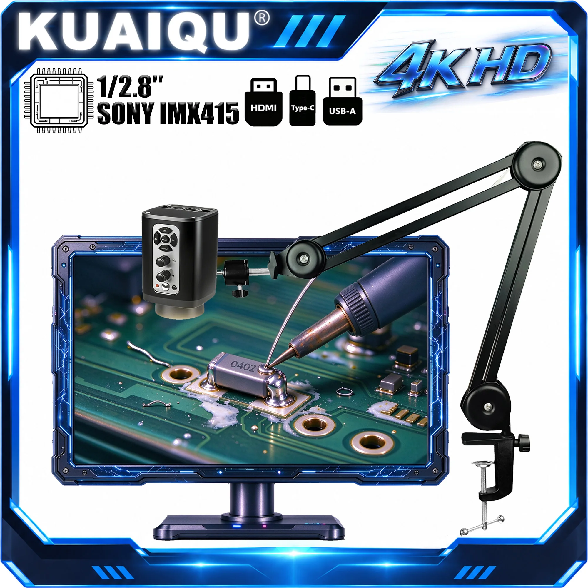 KUAIQU 4K All-in-One Digitalmikroskop für Elektronik, HDMI USB IMX415 Chip Industriekamera, Elektronisches Löt-Mikroskop, Videoaufnahmen, Fotos und Messungen möglich, Fünf Jahre Garantie