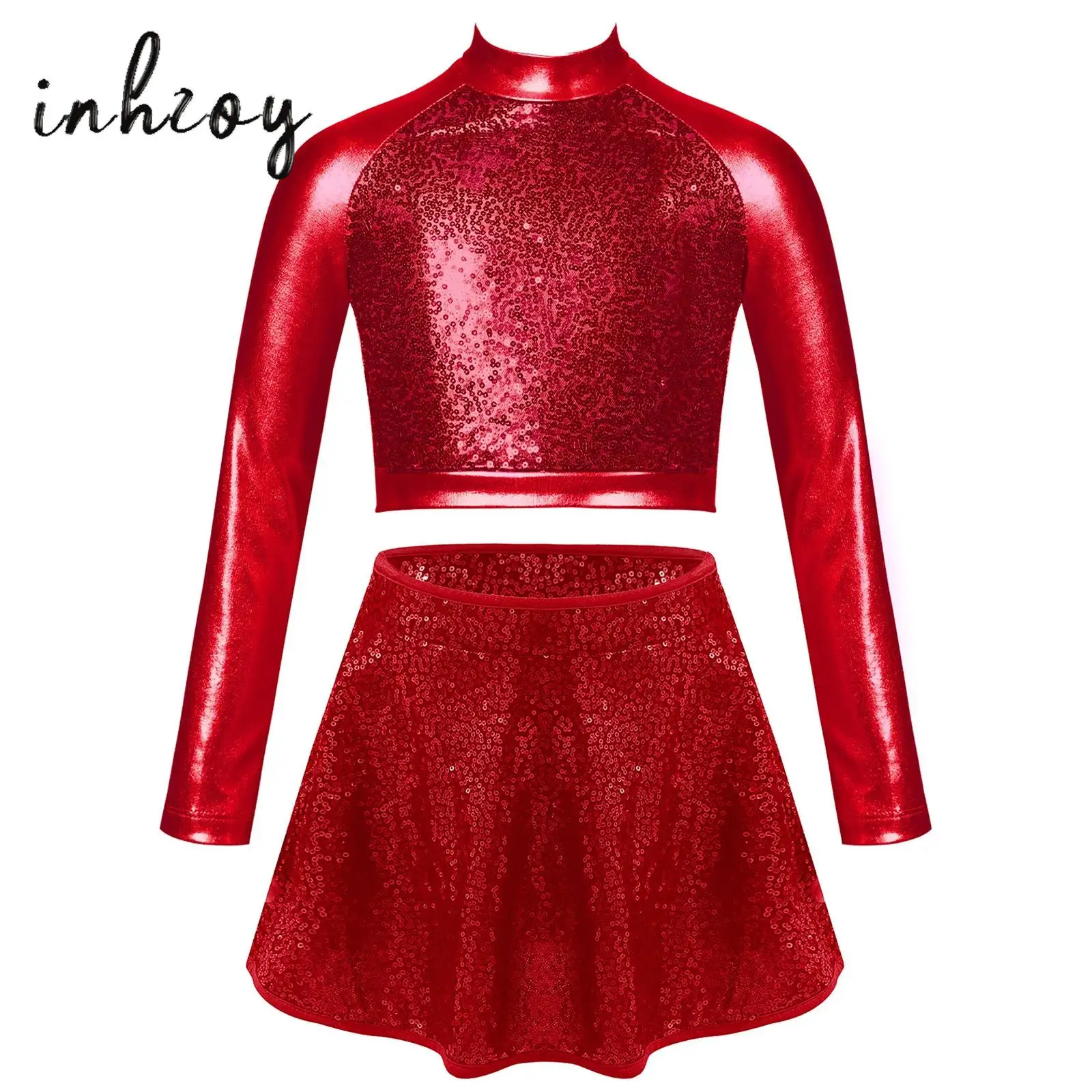 

2Pcs Kids Girls Jazz Latin Dance Costume Cheerleading Uniform Long Sleeve Shiny Sequins Crop Top with Skirts Set Streetwear