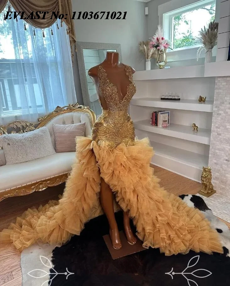 EVLAST Customized Gold Sparkly Mermaid Prom Party Dress for Black Girl Beaded Ruffles Skirt Evening Gown Vestidos De Gala P127