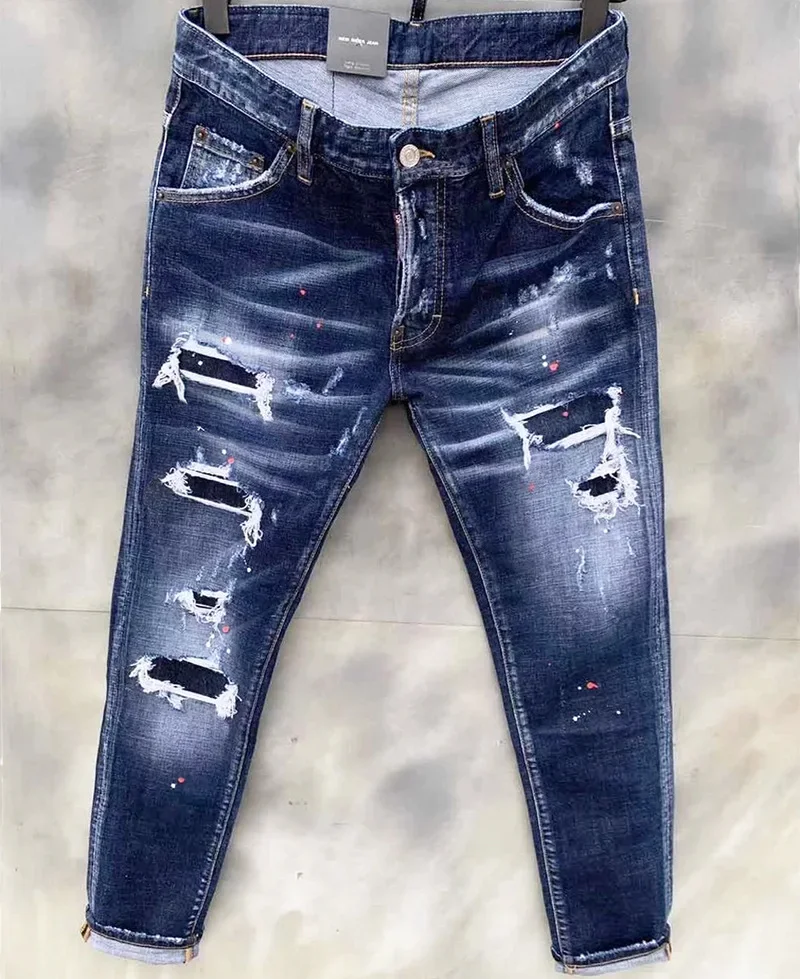 2024 Jeans strappati da uomo marchio di lusso fori azzurri Jeans lunghi qualità Street Fashion maschile Stretch pantaloni Skinny abbigliamento uomo