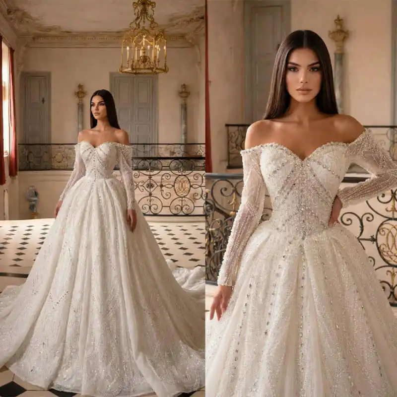 

Princess Beaded Ball Gown Wedding Dresses Long Sleeve Off Shoulder Bridal Gowns Crystals Vestidos De Novia Customized