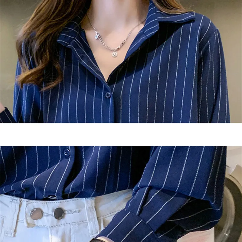 Fashion Woman Blouses 2023 Chiffon Long Sleeve Shirt Tops Woman White Blouse Shirts Striped Top Pretty and Cheap Women\'s Blouses