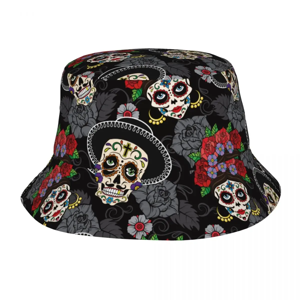 Day Of The Dead Halloween Bucket Hat Summer Beach Vacation Getaway Headwear Sugar Skull Rose Fisherman Hat Bob Lightweight