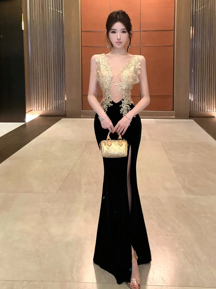 Luxury Black Velvet Cocktail Dress For Women High-end Sheer Lace Embroidery Side Slit Formal Party Lady Gown Art Aesthetics Clot