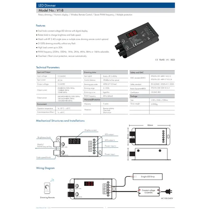 Gift For Her Dual Knob Constant Voltage LED Dmmer 1Chx20a Wireless Remote Control Numeric Display CV Controller V1-B