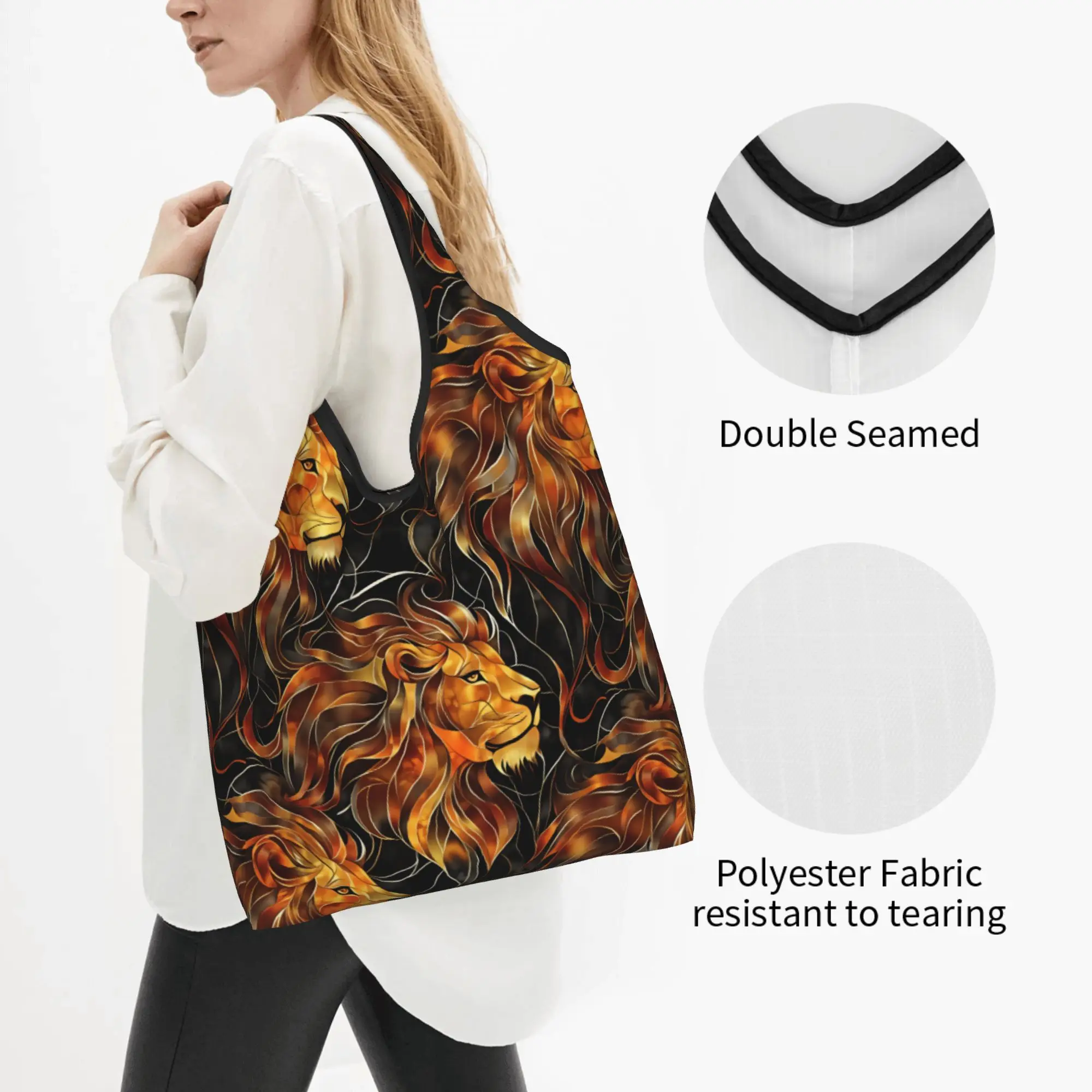 Custom Fiery Golden Black Lion Shopping Bags Large Capacity Grocery Stained Glass Wildlife African Lion  Shopper Tote Bags