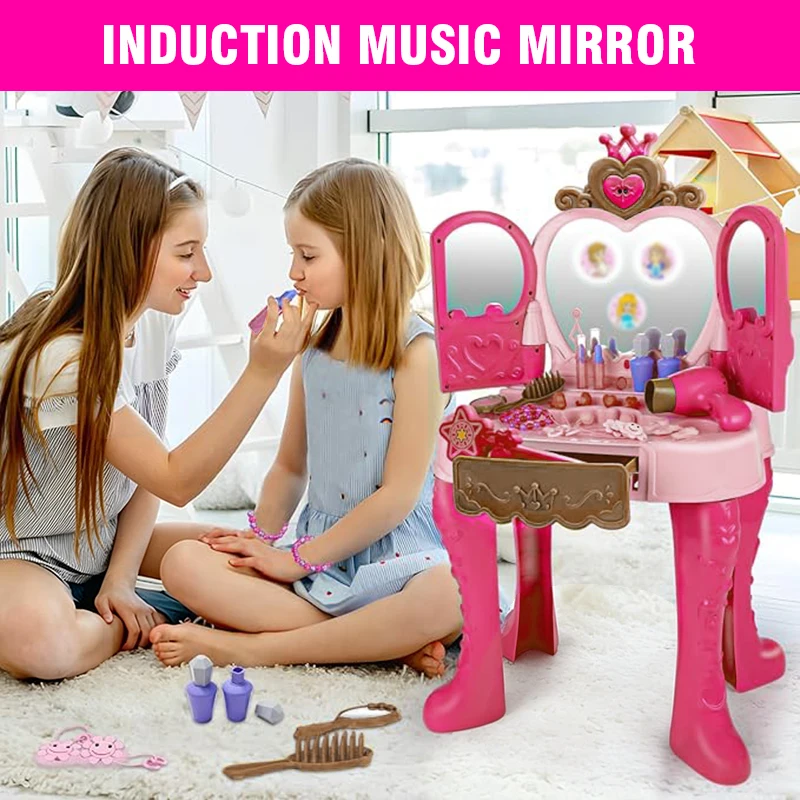 Inductive Door-opening Vanity Table Simulated Makeup Table with Light Music Role-play Set Pretend Toys Children Girls Gift