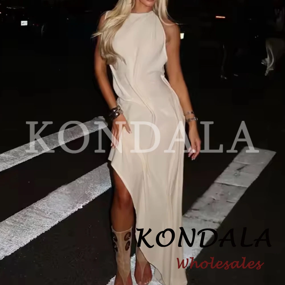 KONDALA Chic Solid Sexy Sheath Summer Woman Long Fashion 2026 Dress Asymmetric Folds Zipper Dress Backless Female Beach Vestidos