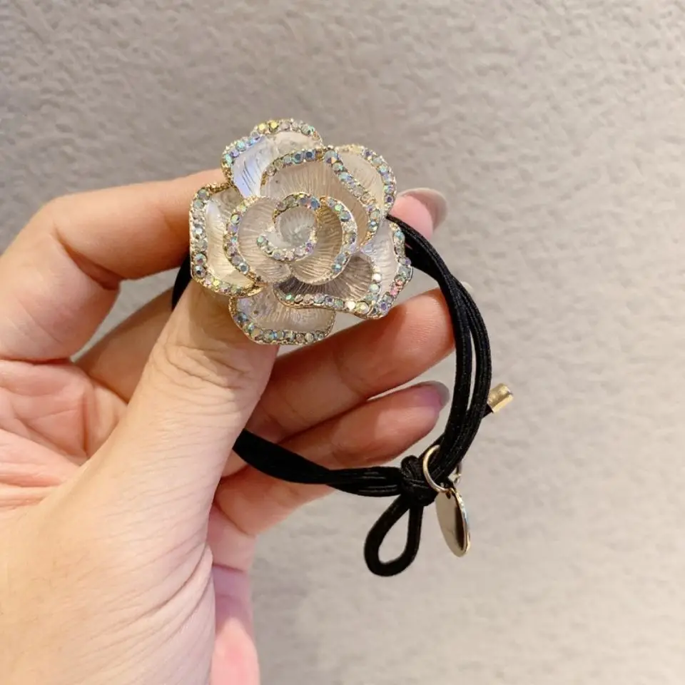 Large Camellia Flower Elastic Hair Tie for Ponytail Premium High Quality Soft Sturdy Korean Inspired Headwear Women Accessories