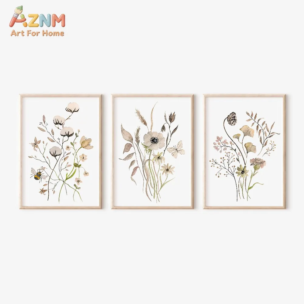 AZNM 3Pcs Neutral Wildflower Canvas Wall Art, Watercolor Dried Floral Bee Butterfly Print Frameless Canvas Painting, Boho