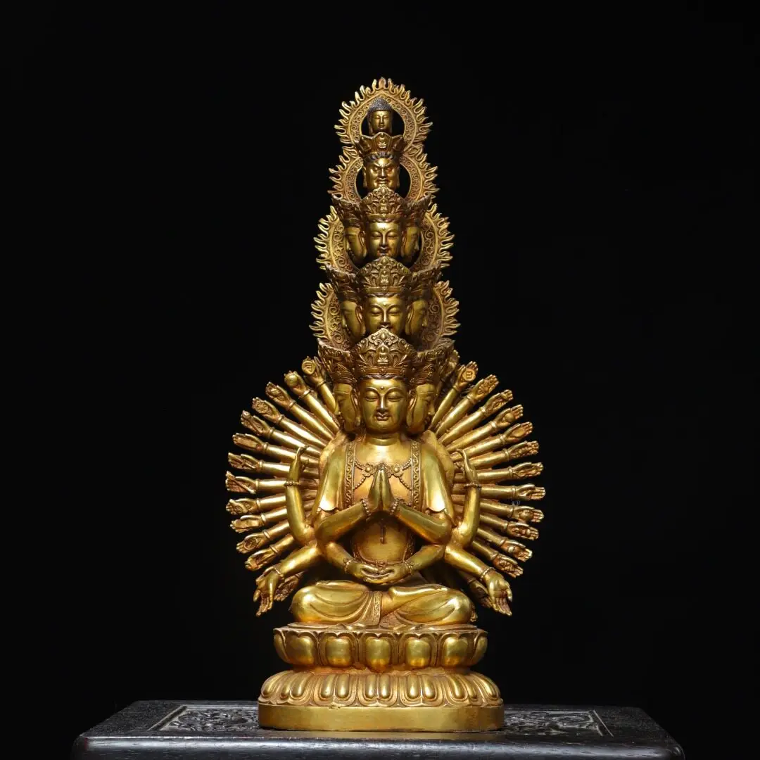 Large Thousand Armed Guanyin Statue Brass Gold Plated Vintage Home Buddhist Shrine Desk Decoration