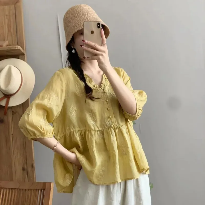 

Summer Thin Literary Retro Pure Cotton Women's Shirt V-neck Shirt Temperament Cotton Linen Pullover Top