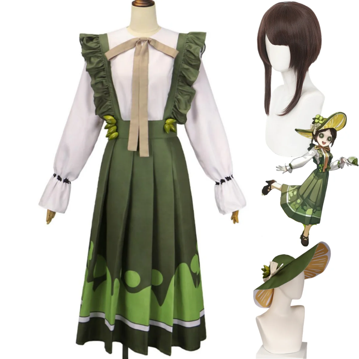 Game Identity Ⅴ Emma Woods Cosplay Costume Afternoon Tea Green Strap Skirt Hat Daily Dress Wig Adult Woman Cute Halloween Suit