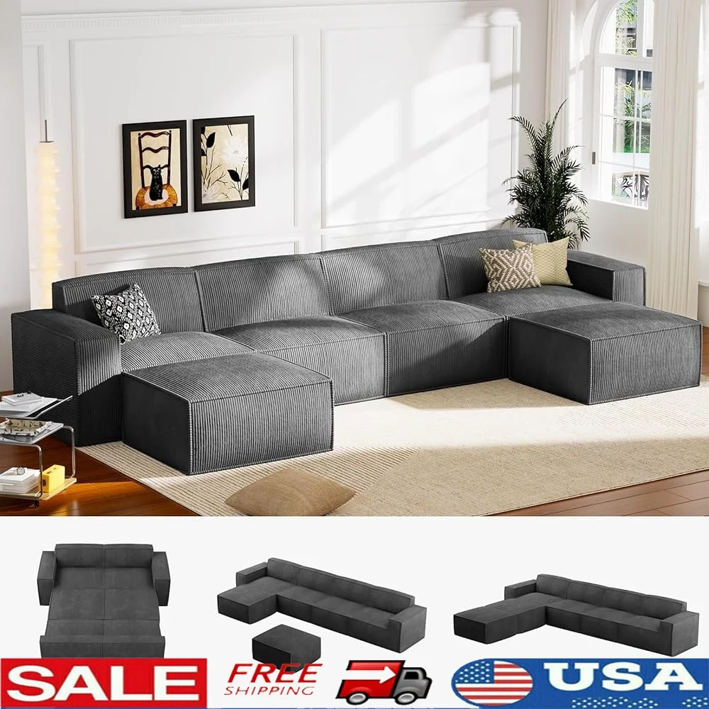 

Oversized Deep U Shaped Modular Sectional Sofa Corduroy Couch Cloud Couch with High Back Design No Assembly Required Compressed