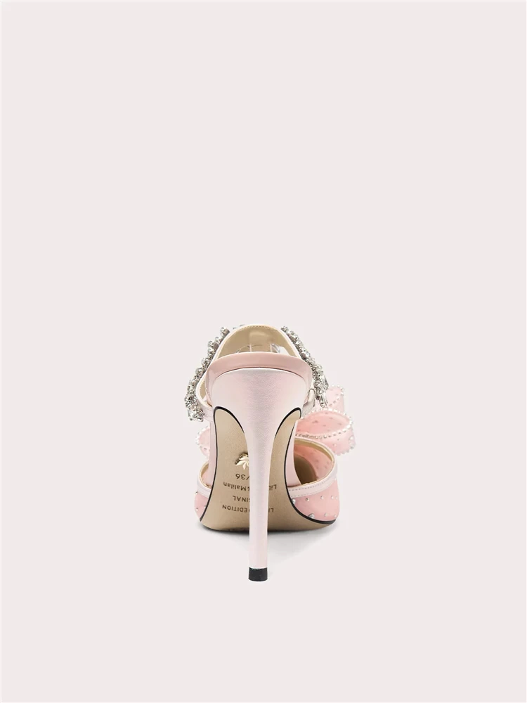 Summer new pointed Baotou pink mesh rhinestone bow fashion slippers banquet large size small size thin high-heeled women sandals