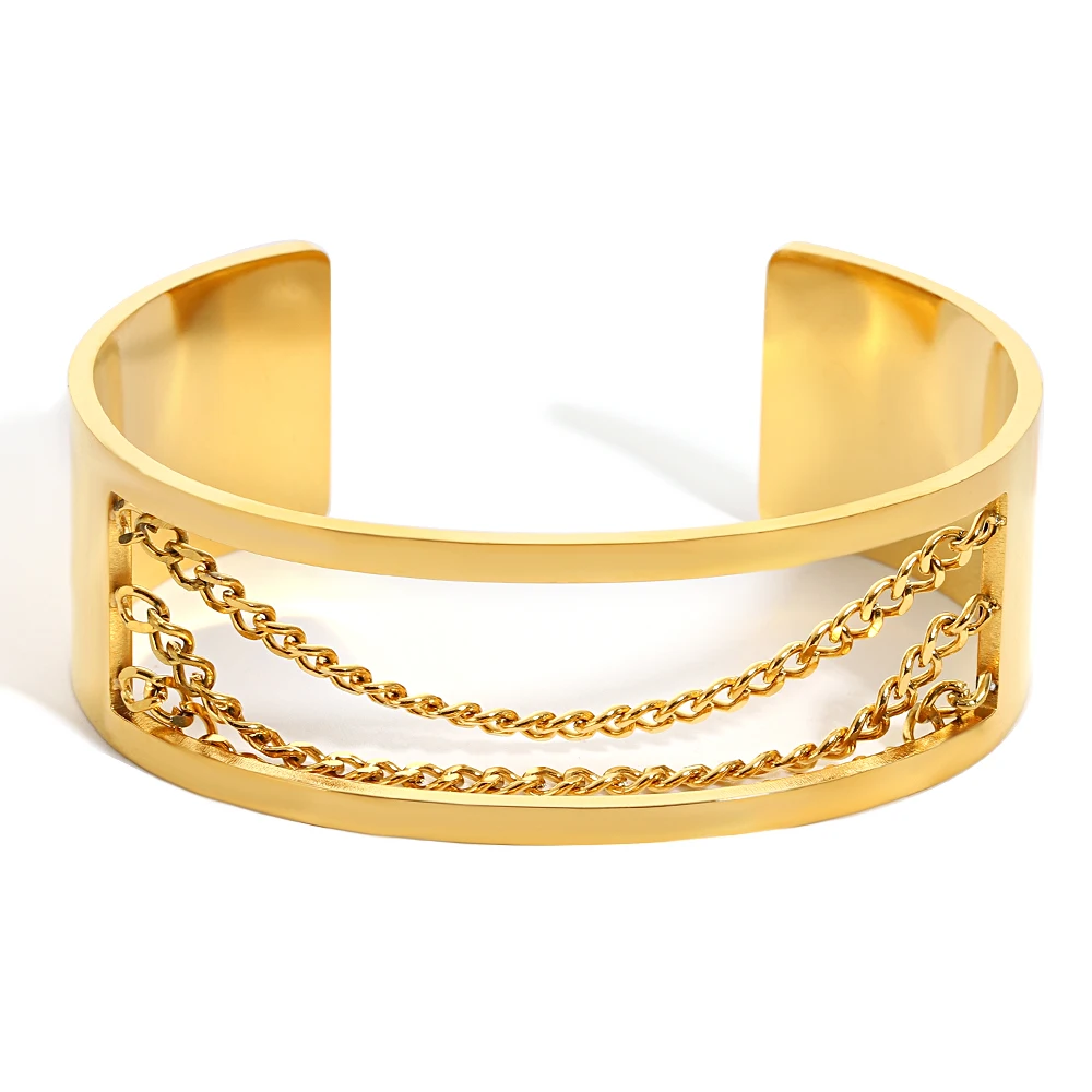 Chunky Punk Gold Color Charm Wide Stainless Steel Wide Bangle Bracelet for Women New Flower Geometric Chain Open Bangles Jewelry
