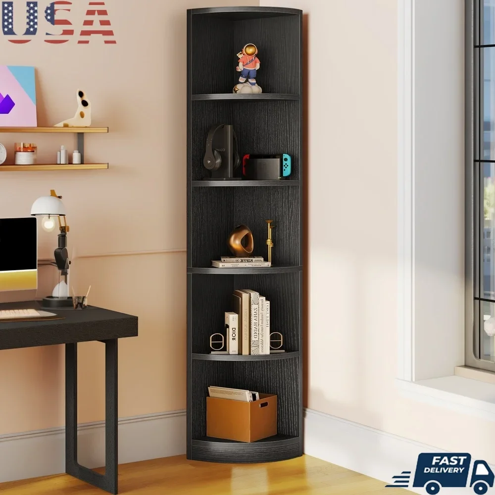 

Corner Shelf 5 Tier Bookshelf Modern Free Standing Display Unit Engineered Wood Storage Rack Living Room Office Library Study