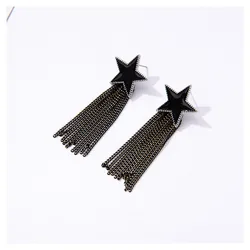 Vintage Enamel Black Earrings Fashion Five-pointed Star With Copper Wire Tassels Long Earrings Star Brincos Jewelry For Women