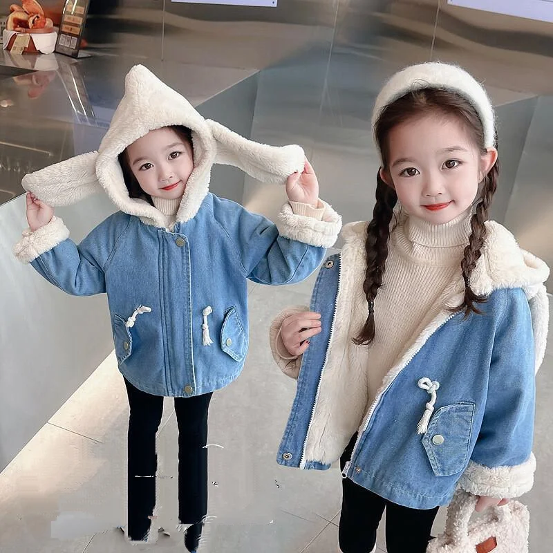 Kawaii Casual Coat Tops Girls' Thick Velvet Rabbit Ears Cowboy New Autumn Winter Children's Baby Western Style Girls' Clothing
