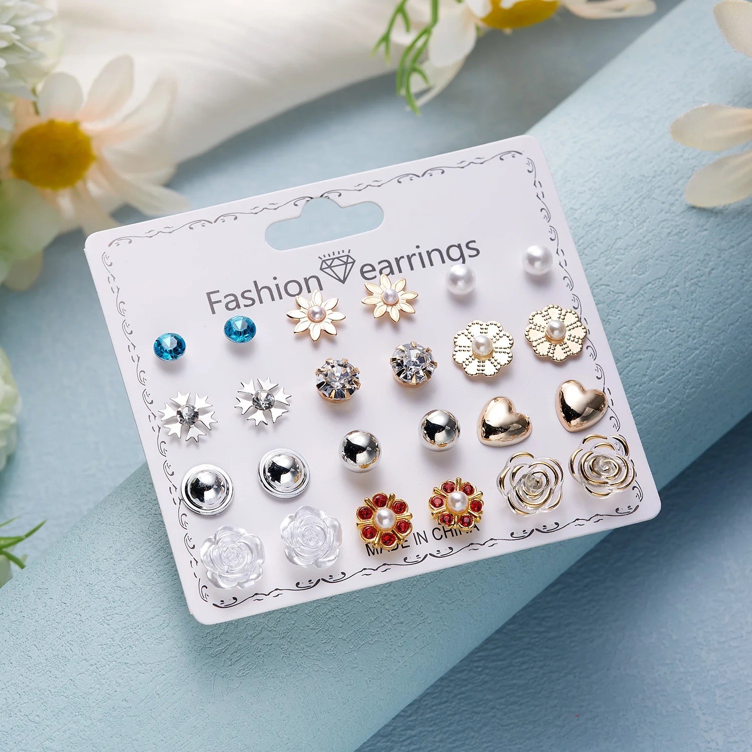 Elegant Zircon Flower Stud Earrings Set for Women Rose Star Moon Bowknot Geometric Piercing Jewelry Wedding Party Ear Gifts