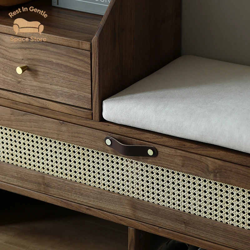 Black walnut shoe changing stool, Nordic soft bag shoe cabinet at the door of the home, integrated stool, solid wood shoe stool