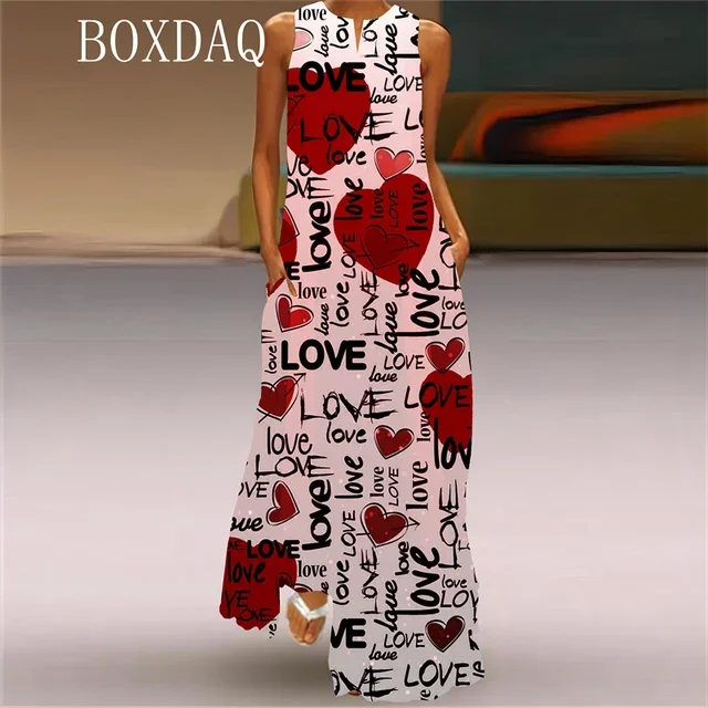 2025 New Spring Summer Sleeveless Women Dress Gradient Letter Love Pattern Printed Long Dress Casual Valentine's Day Party Dress