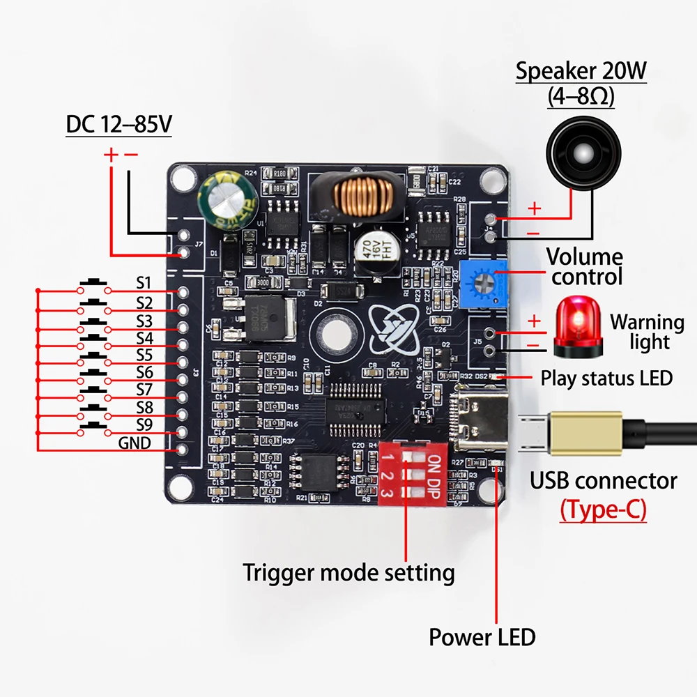 DY-HF20W Voice MP3 Player Module 9-Way Independent Triggering Custom Audio DC 12-85V Supports MP3/WAV Decode USB Connection
